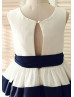 Ivory Taffeta Navy Blue Stripes Slit Back Knee Length Flower Girl Dress 